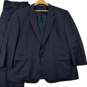 Joseph & Feiss Mens 50S Navy Wool Pinstripe Suit Jacket Pants 44x26 Casual EUC